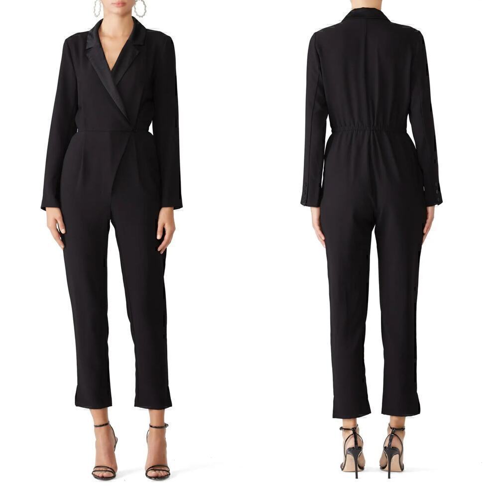 Greylin Reagan Tuxedo Jumpsuit Long Sleeve Satin Notch Collar Black Size XS